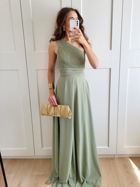 Pistacjowa długa sukienka na jedno ramie Nadia