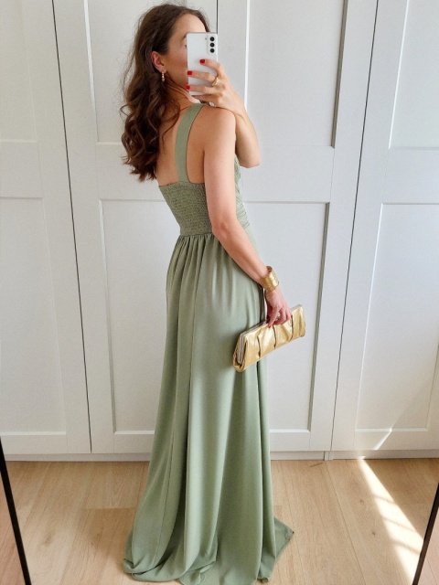 Pistacjowa długa sukienka na jedno ramie Nadia