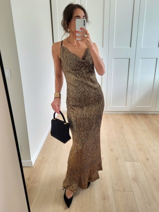Złota cekinowa sukienka maxi odkryte plecy