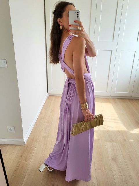 Liliowa sukienka maxi wiązana manyway