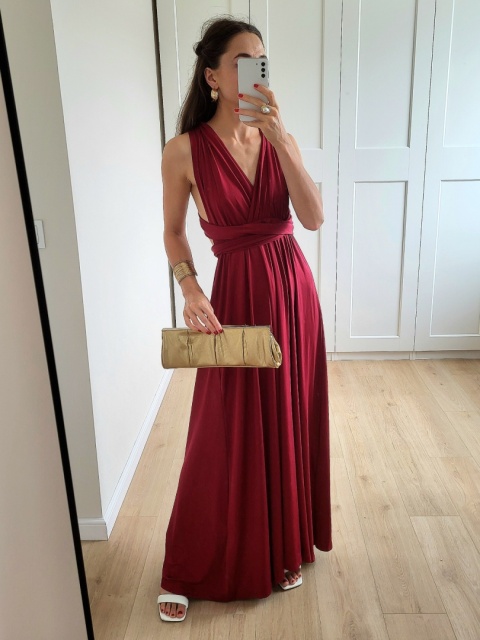 Bordowa długa sukienka wiązana manyway