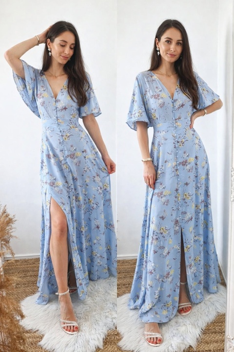 Długa sukienka w kwiaty z wiskozy