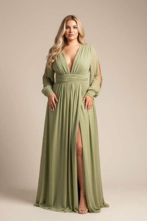 Rosa pistacjowa sukienka z delikatnym rocięciem plus size