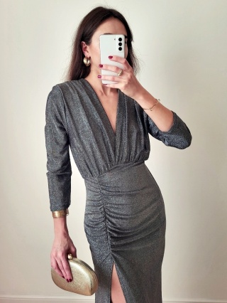 Srebrna brokatowa sukienka z długim rękawem Auris