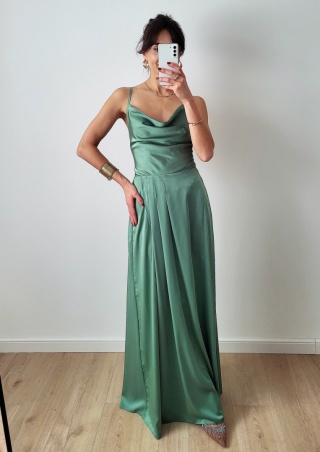 Szałwiowa sukienka satynowa długa Cintia