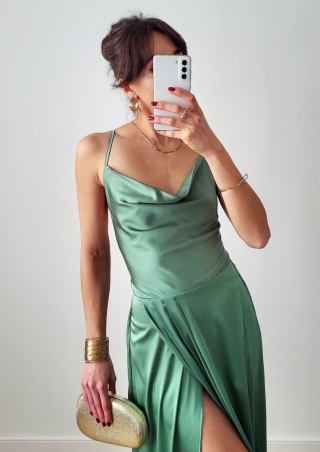Szałwiowa sukienka satynowa długa Cintia