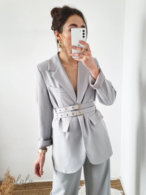 Szara marynarka oversize z dwoma paskami Grigio Szara marynarka oversize z dwoma paskami Grigio