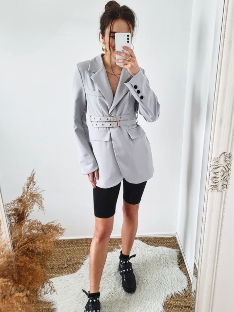 Szara marynarka oversize z dwoma paskami Grigio Szara marynarka oversize z dwoma paskami Grigio