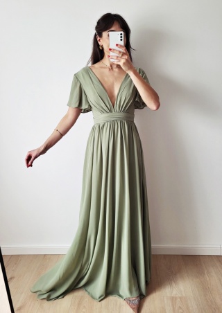 Tessa pistacjowa długa sukienka o zwiewnym kroju