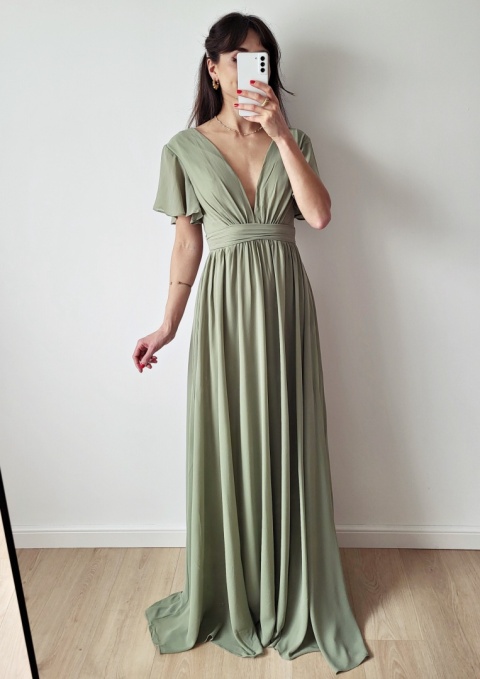 Tessa pistacjowa długa sukienka o zwiewnym kroju